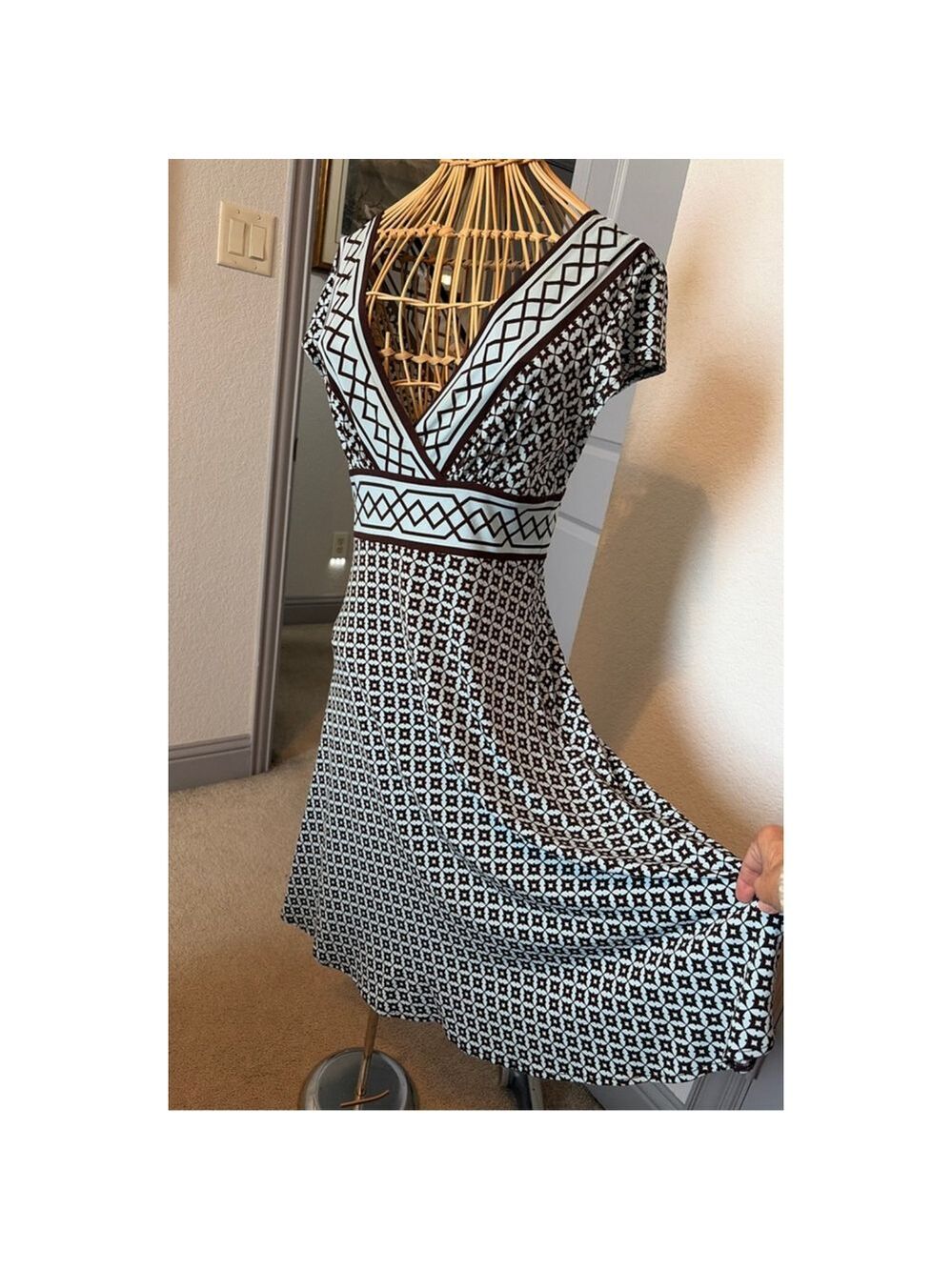 Women's Dressbarn Brown & Light Blue Geometric Print Dress Size 8 #0032
